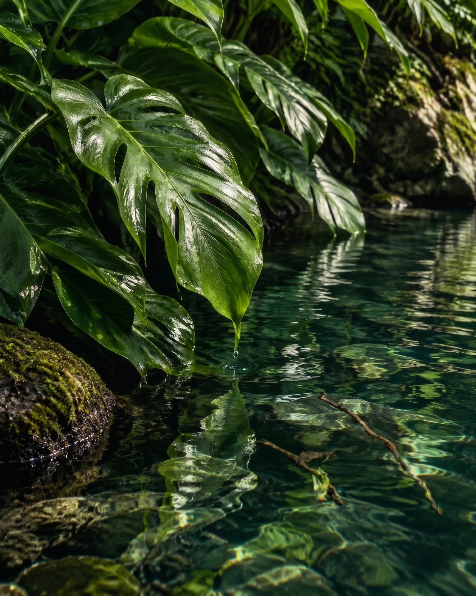 Folhagem verde refletida em água cristalina
